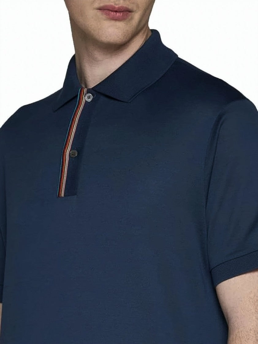 Paul Smith Classic Blue Polo Shirt With Striped Button Placket
