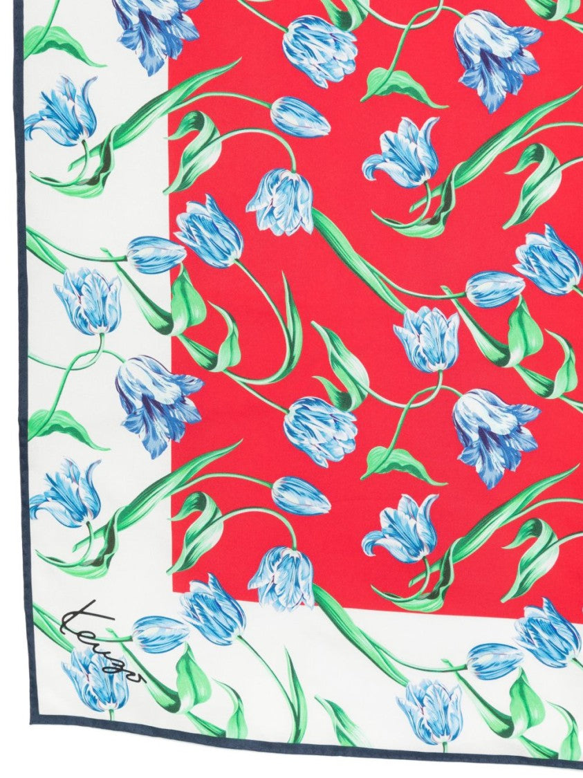Kenzo Cerise Red Floral Print Silk Scarf
