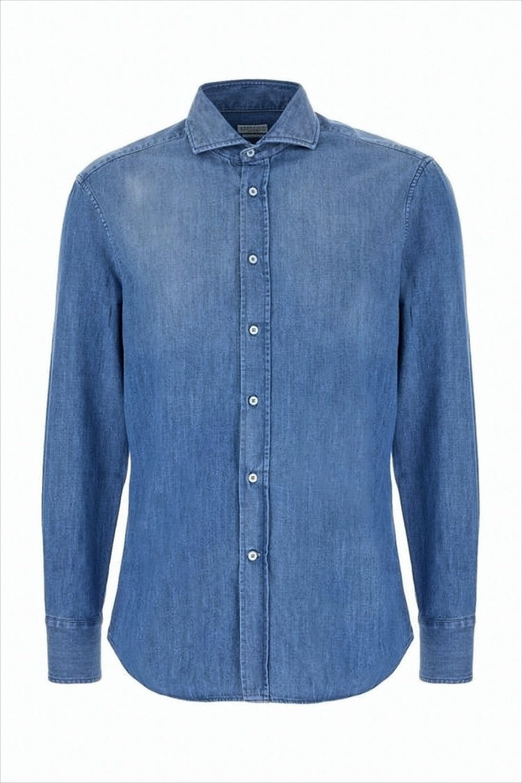 Brunello Cucinelli Classic Denim Long-Sleeve Shirt With Pointed Collar