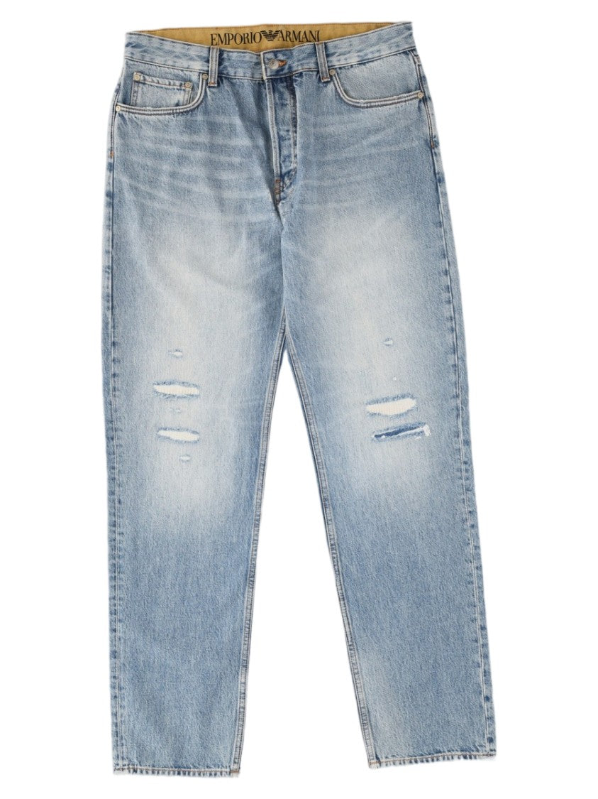 Emporio Armani Distressed Light Blue Denim Jeans With Classic Five-Pocket Design