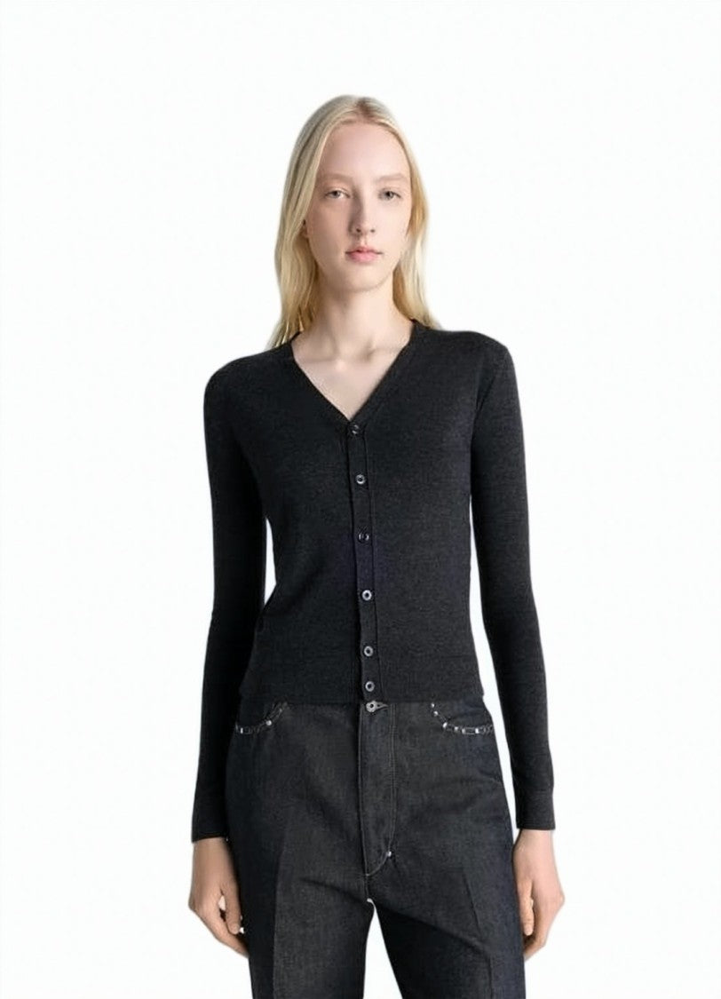 Lemaire Oversized Green Cardigan With V-Neck And Ribbed Details