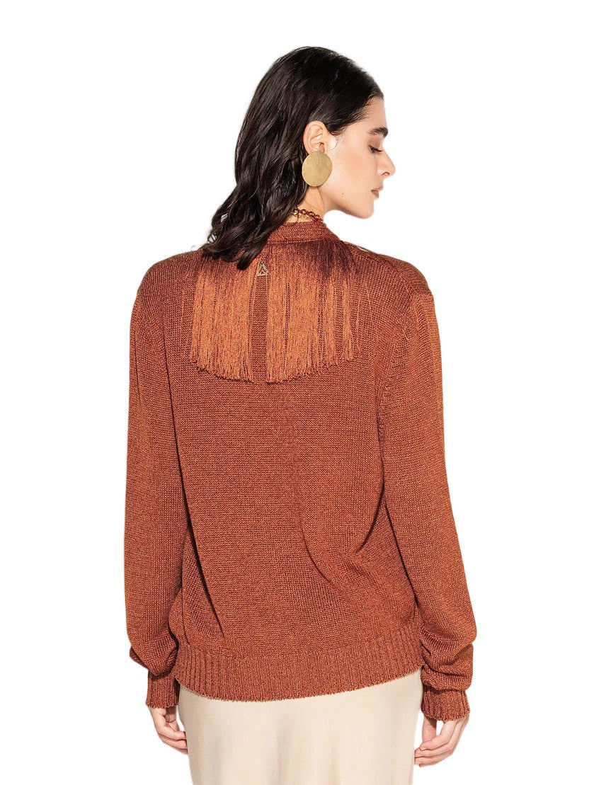 Akep Viscose-Cotton Rayon Deep V-Neck Fringe Cardigan