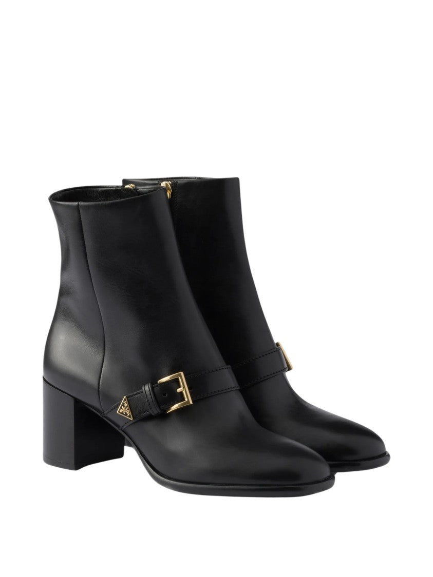 Prada Decorative Strap Gold Buckle Leather Boots