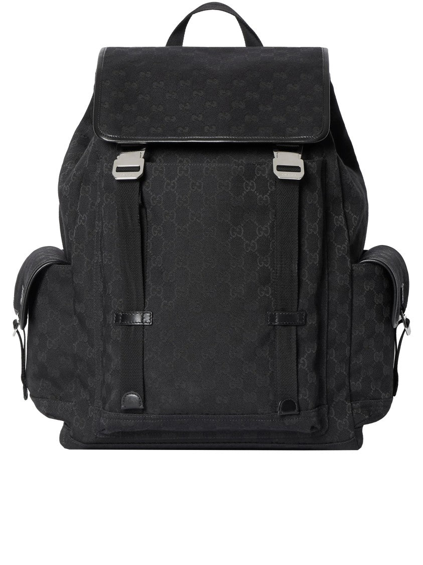 Gucci Black Monogram Flap Top Buckle Backpack