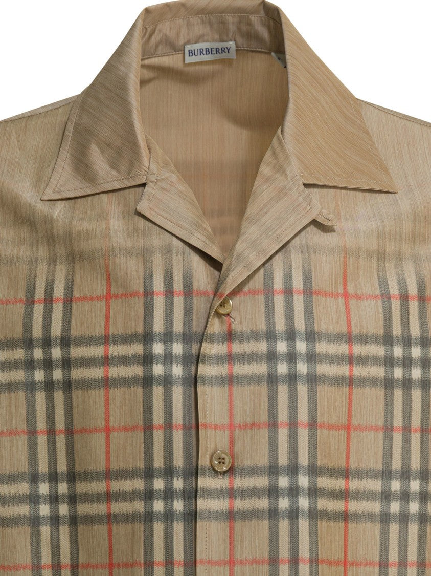 Burberry Short-Sleeved Button-Down Shirt With Plaid Pattern And Subtle Sheen