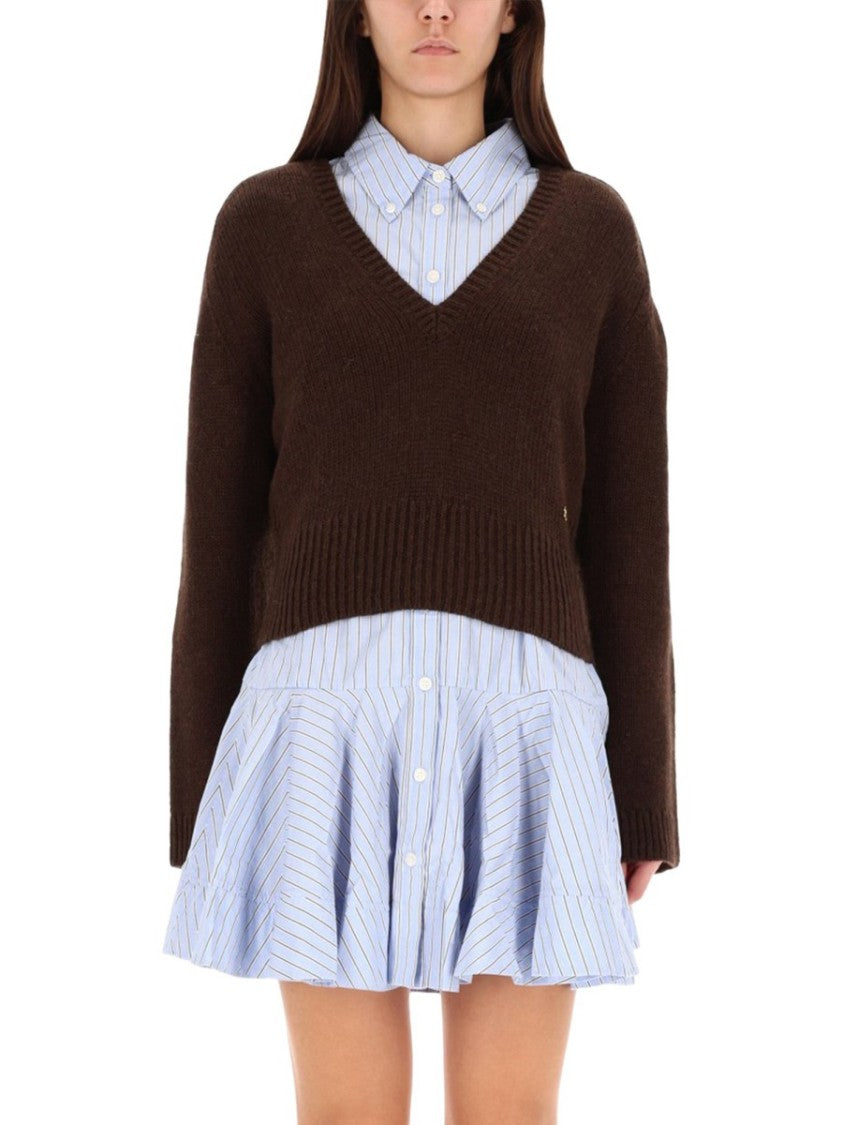 Ganni Cropped V-Neck Sweater In Rich Brown Wool And Yak Blend