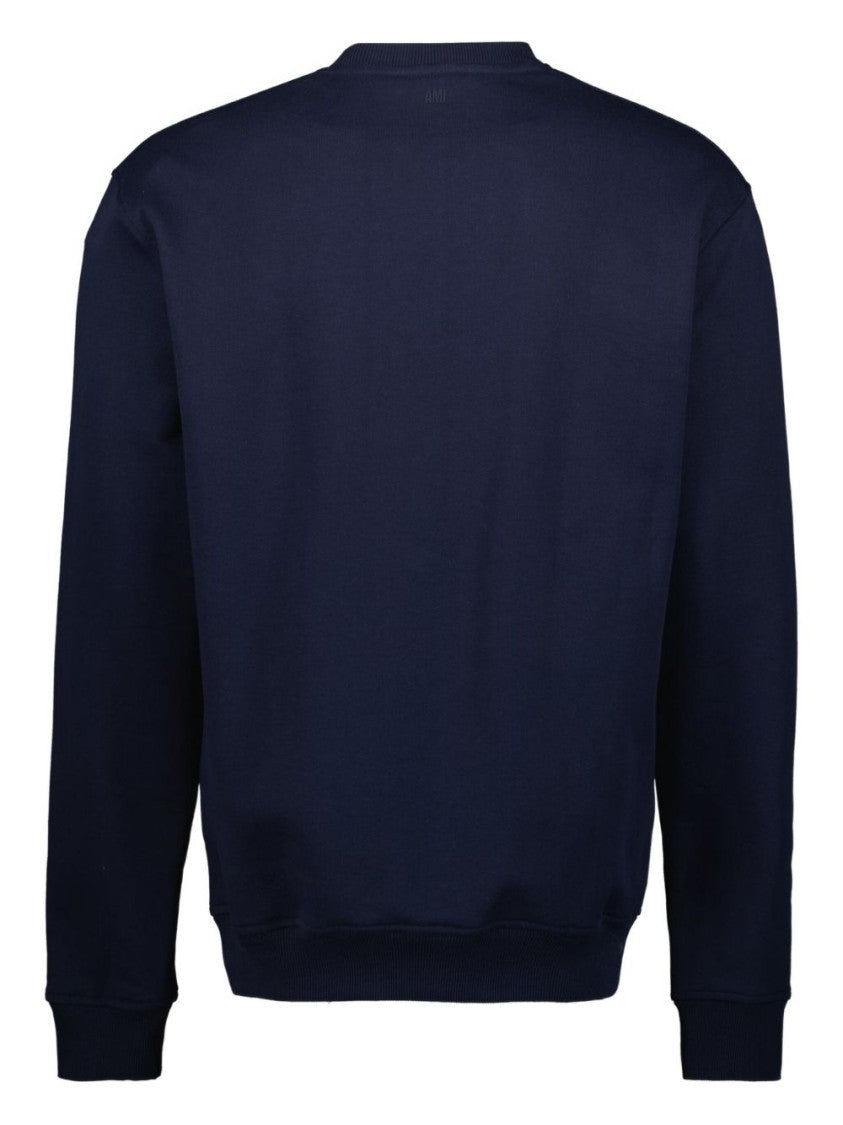 Ami Navy Blue Cotton Jersey Sweater With Signature Embroidered Motif