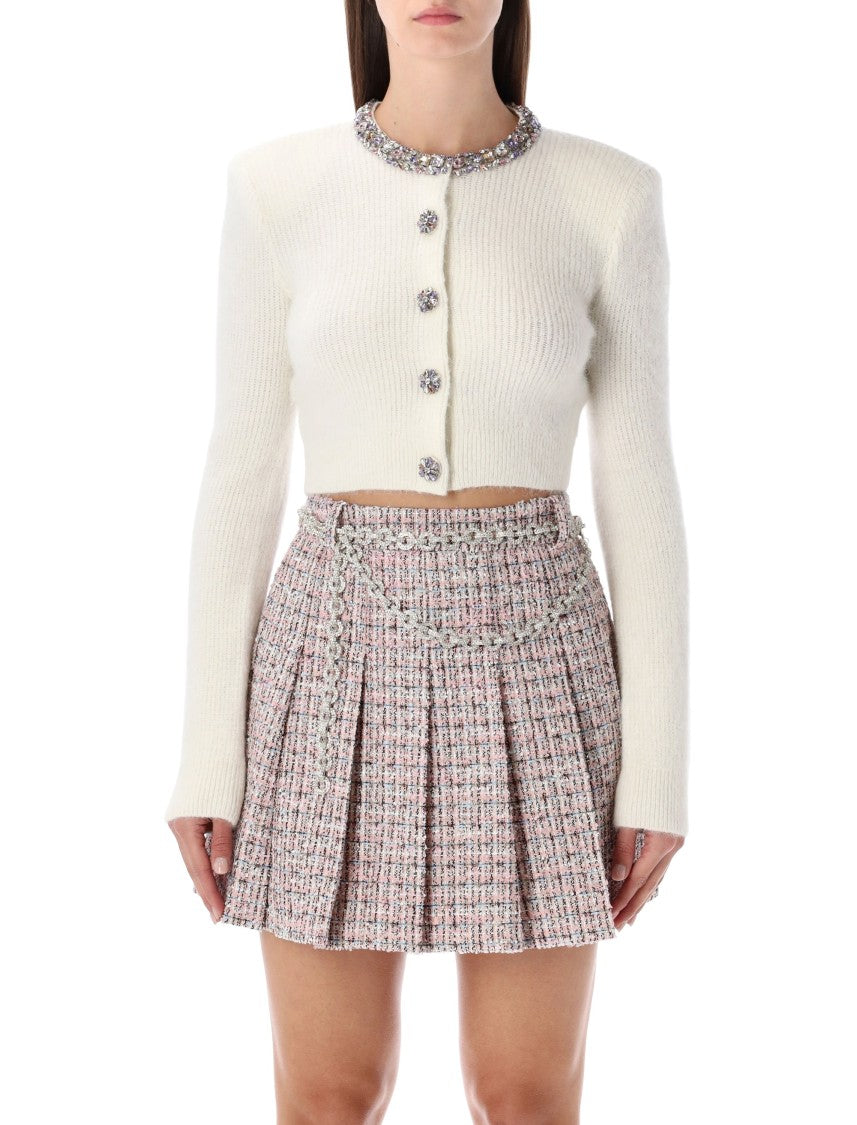 Self-Portrait Ivory Alpaca Cropped Cardigan With Crystal Trims
