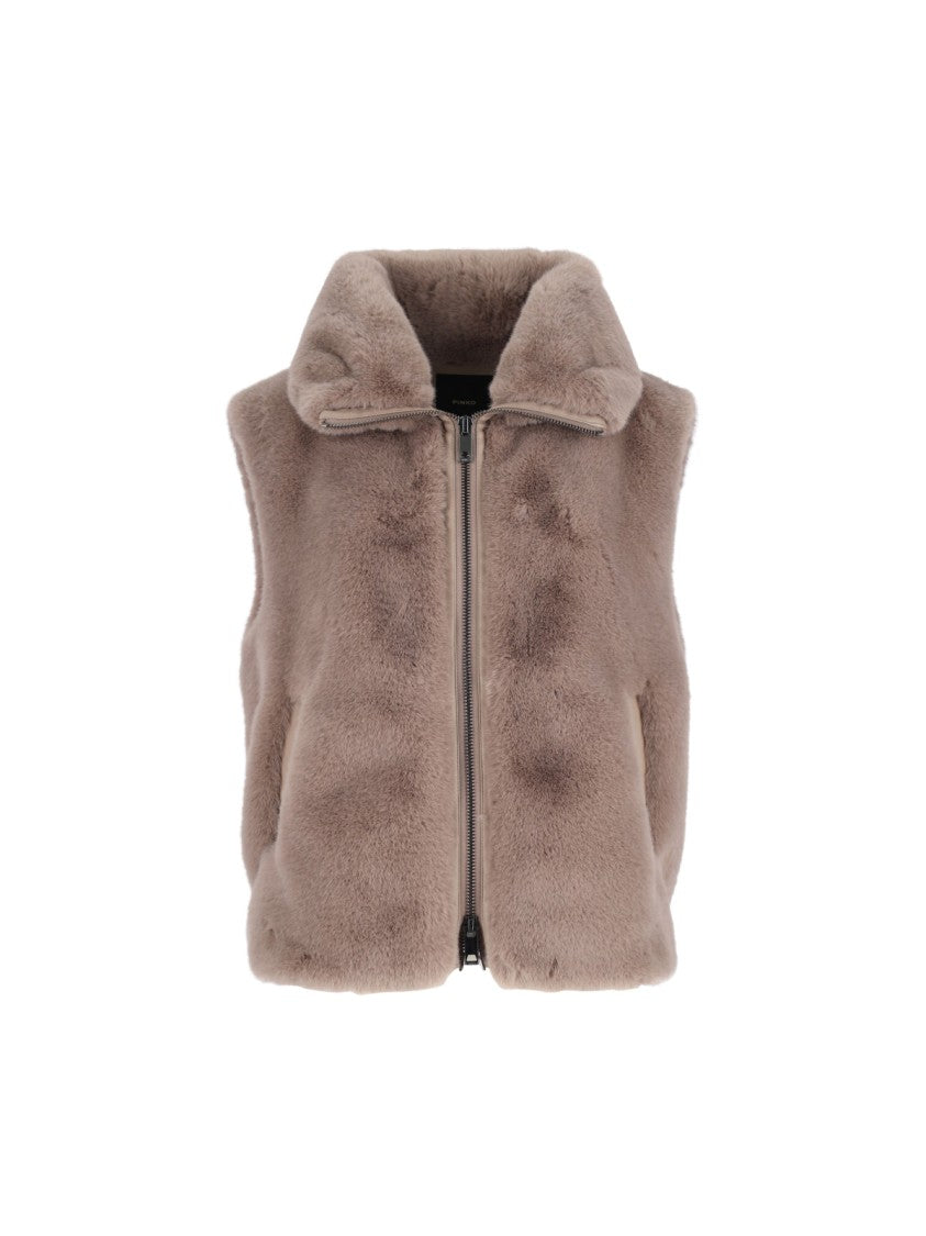 Pinko High Collar Faux Fur Vest In Beige