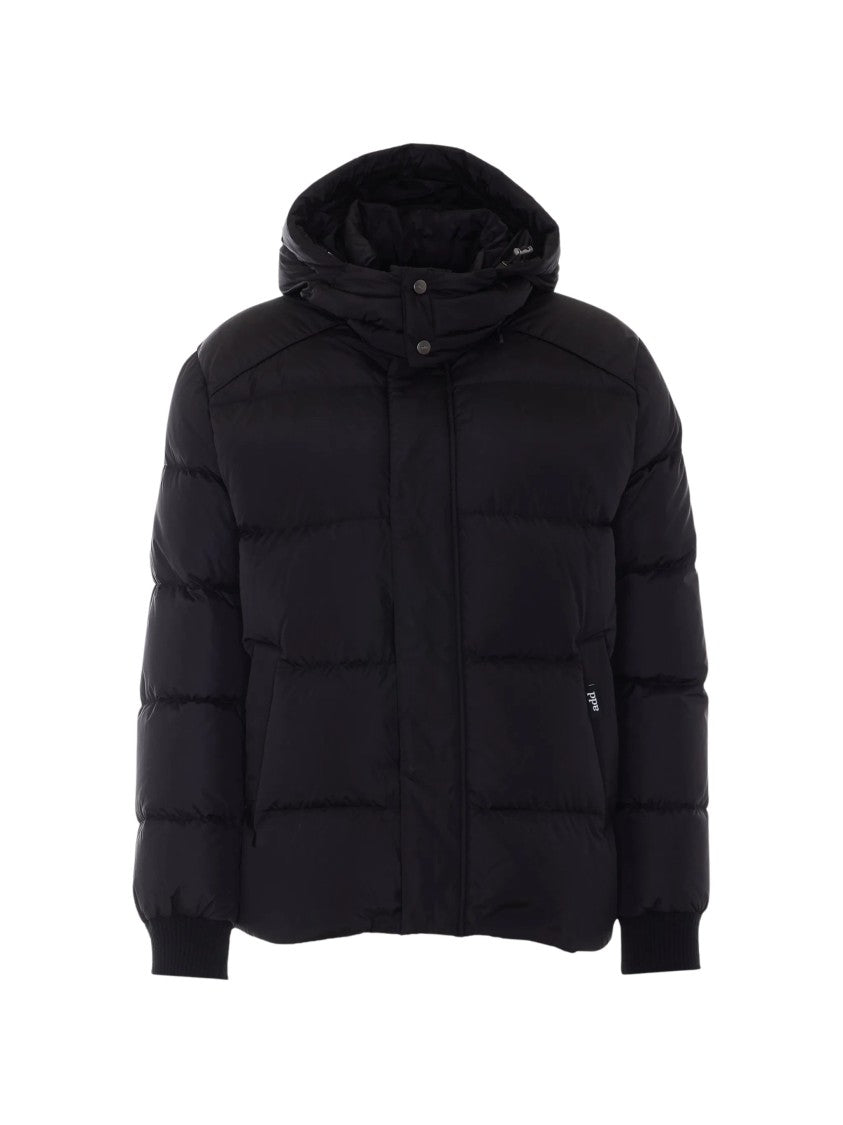 Add Hooded Black Down Jacket With Quilted Padded Profile