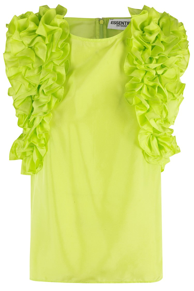 Essentiel Antwerp Ruffled Silk Top With Back Zip Closure