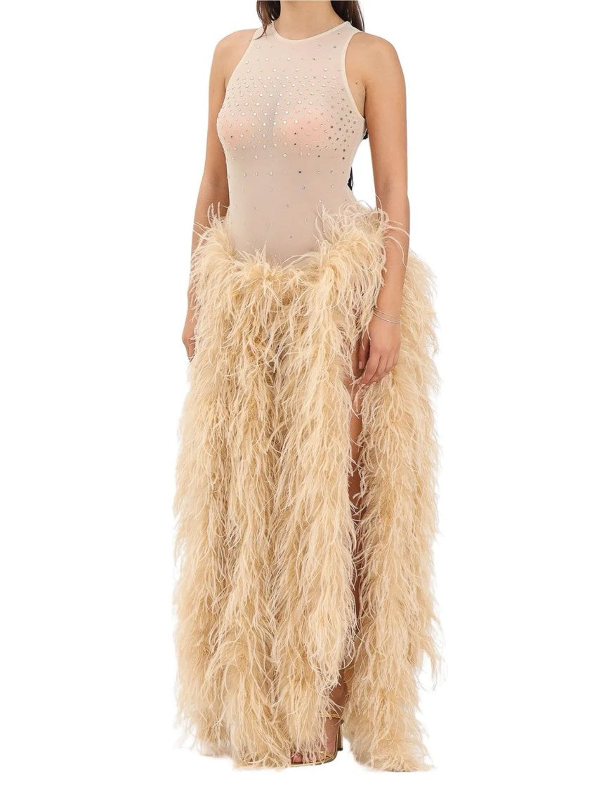 Alma Sanchez Butter Feathered Body Dress With Sheer Upper Bodice