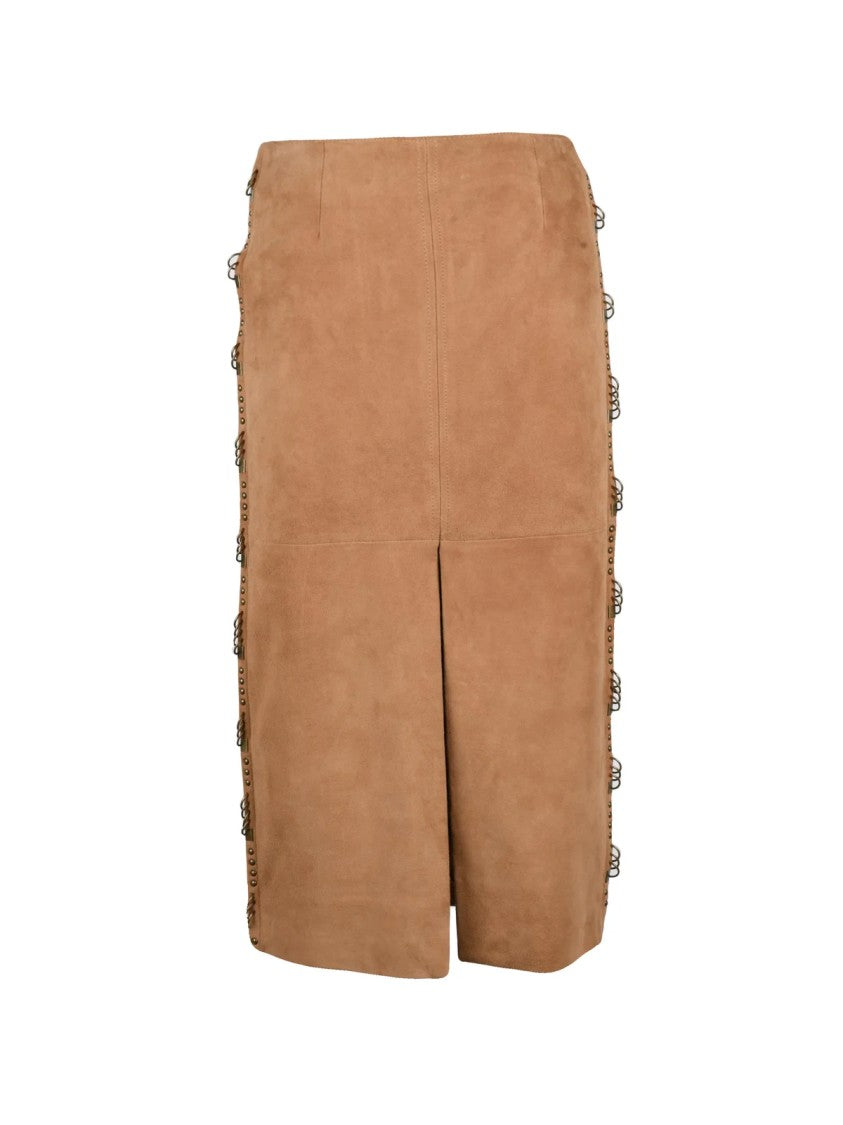Patrizia Pepe Beige Goat Leather Zip Suede Longuette Skirt