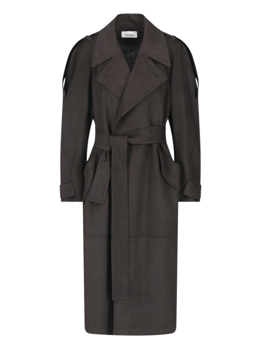 Low Classic Double-Breasted Faux Suede Trench Coat With Adjustable Features