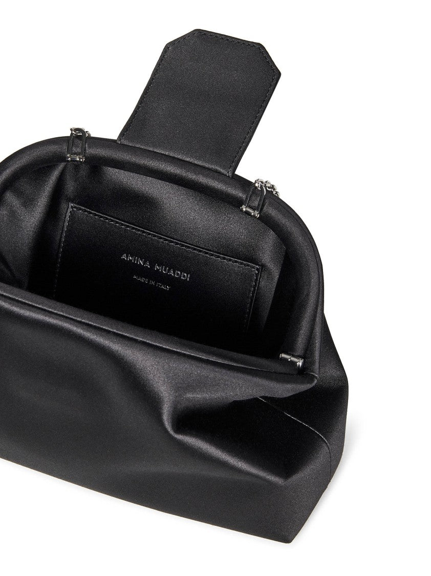 Amina Muaddi Rounded Black Satin Clutch With Mirrored Accent