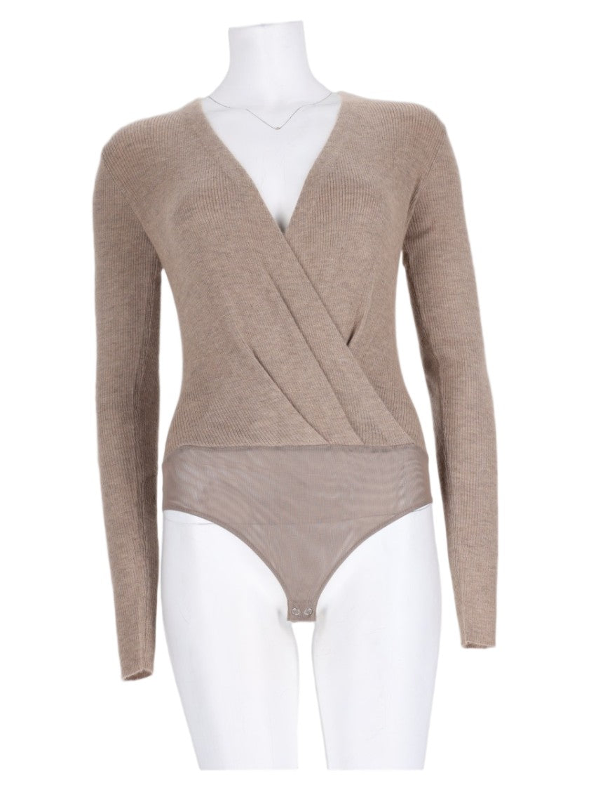 Max Mara Brown Wrap Cashmere Bodysuit Top