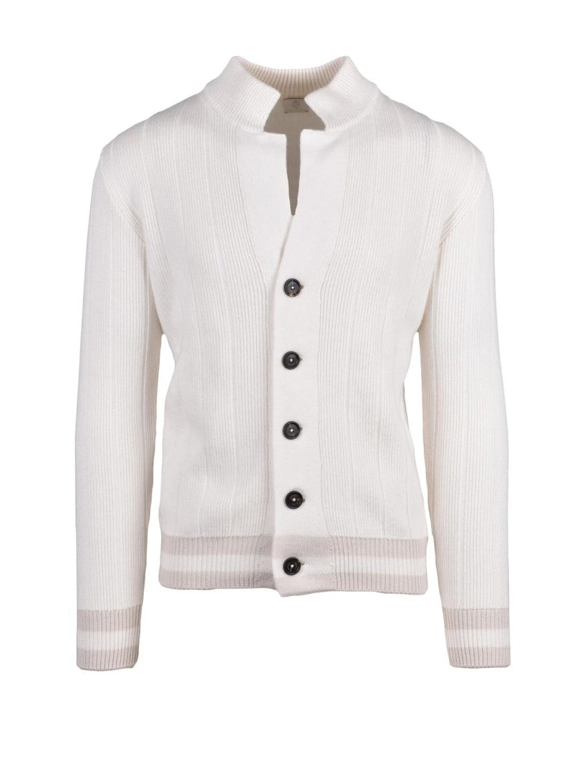 Eleventy White Ribbed Notched Collar Cashmere Cardigan