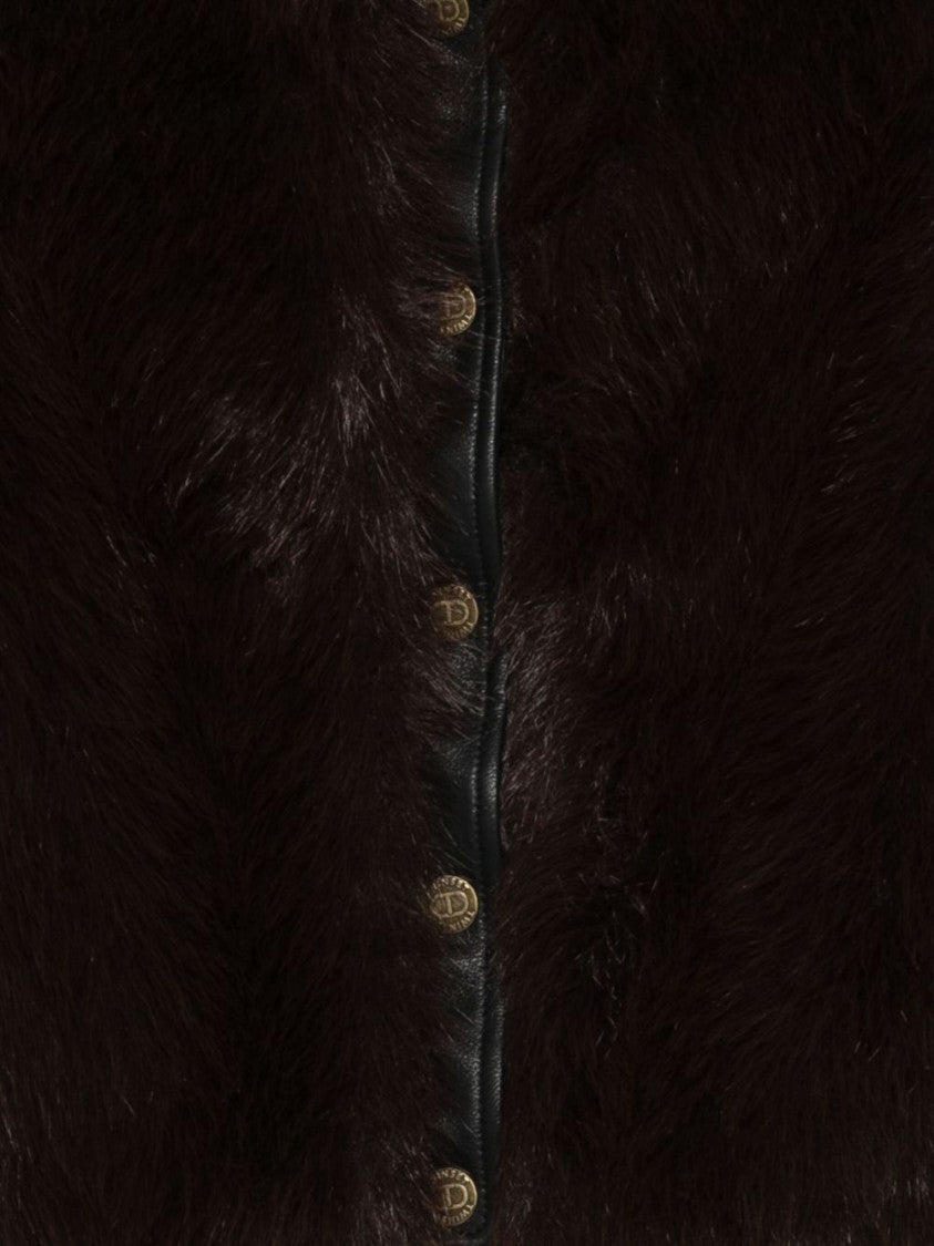 Twin-Set Black Fur And Leather Button-Up Coat
