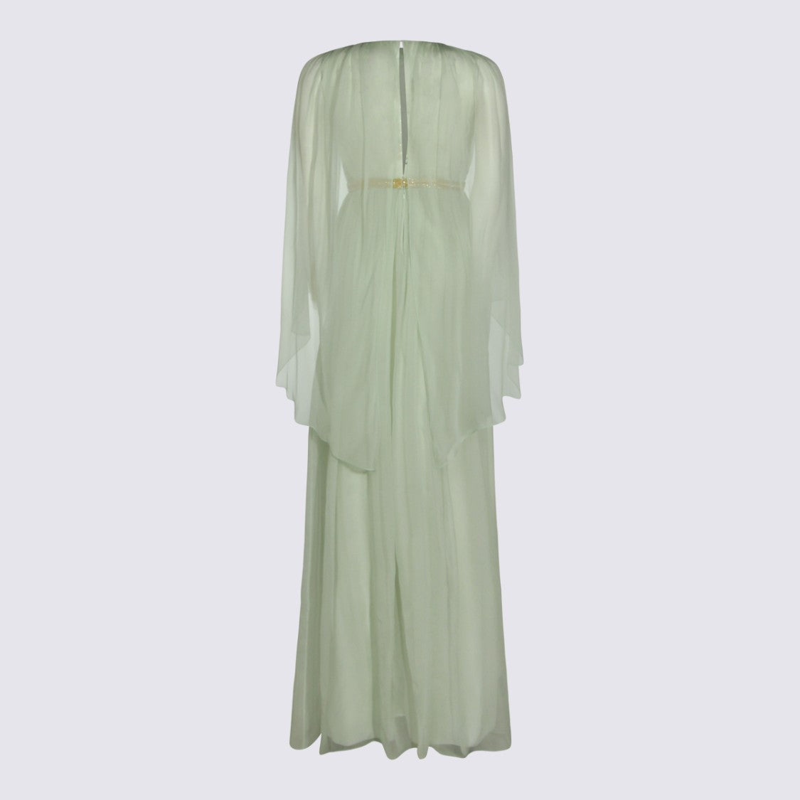 Alberta Ferretti Maxi Dress With Sheer Draped Sleeves And Gold Belt