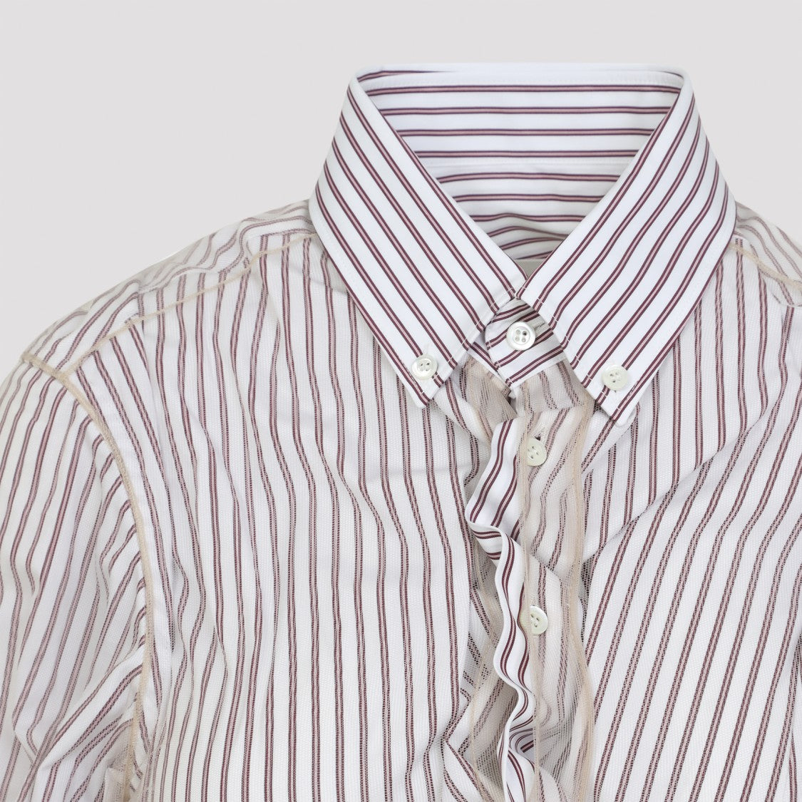 Maison Margiela White And Red Striped Cotton Shirt With Sheer Overlay