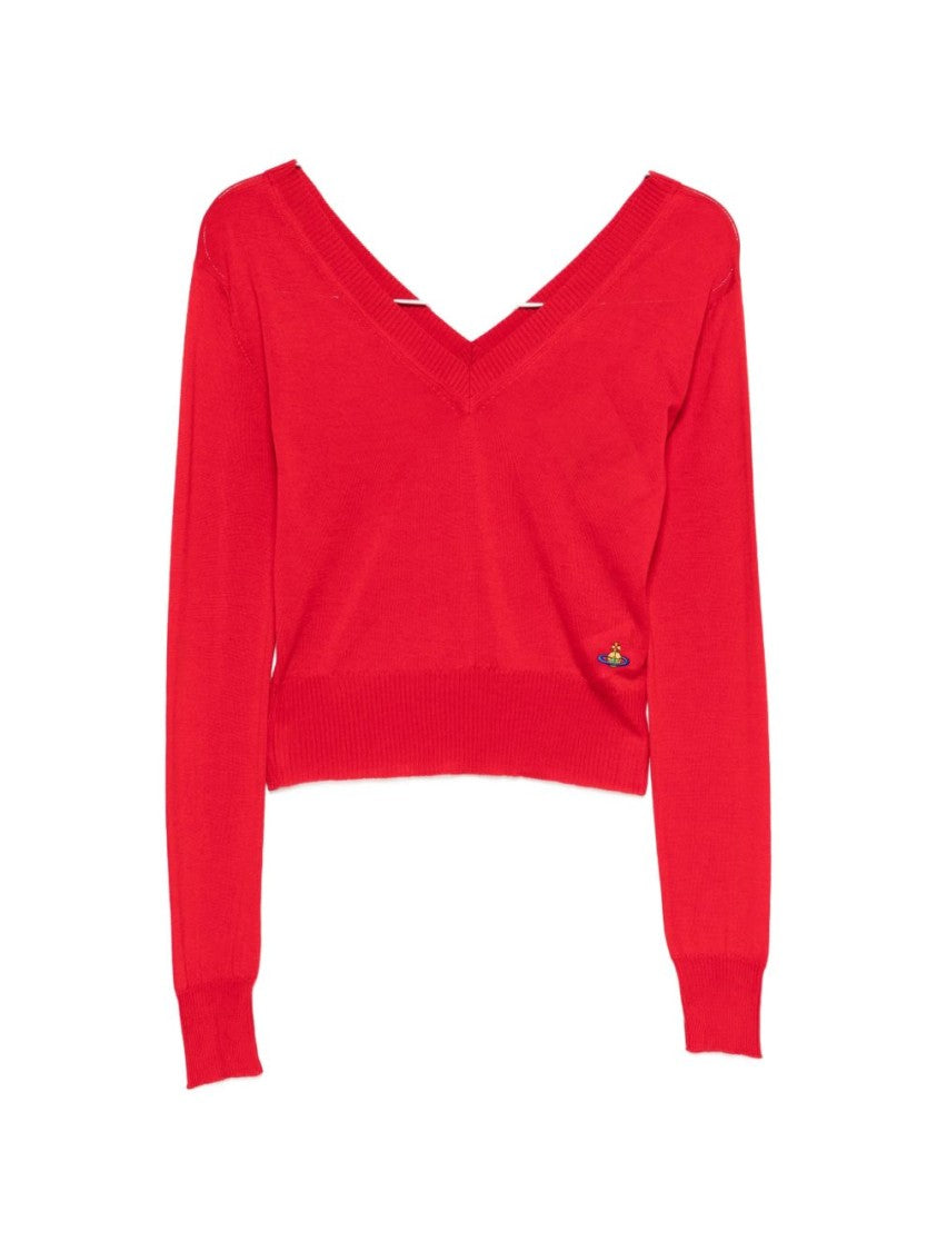 Vivienne Westwood Red V-Neck Orb Logo Ribbed Sweater