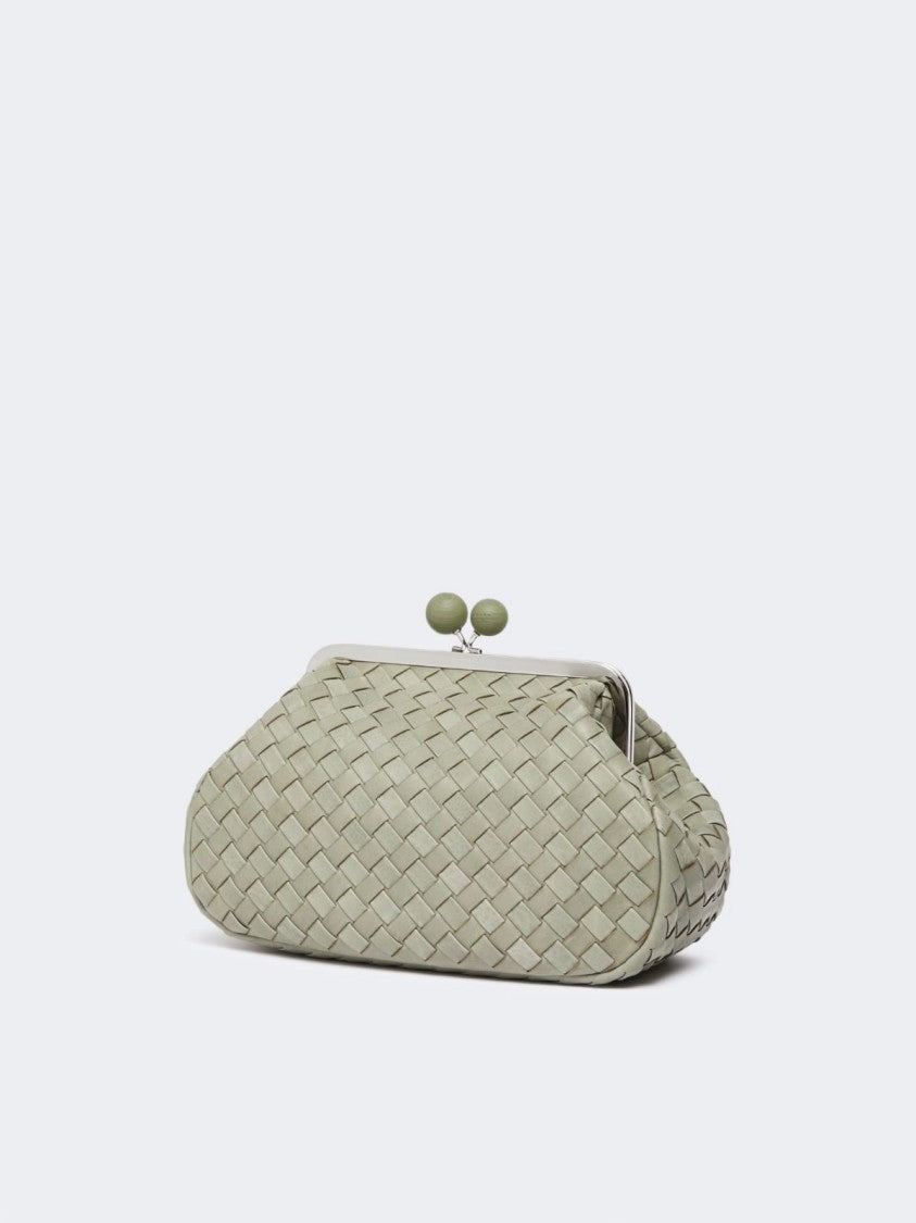 Max Mara Structured Woven Leather Clutch Bag In Sage Green