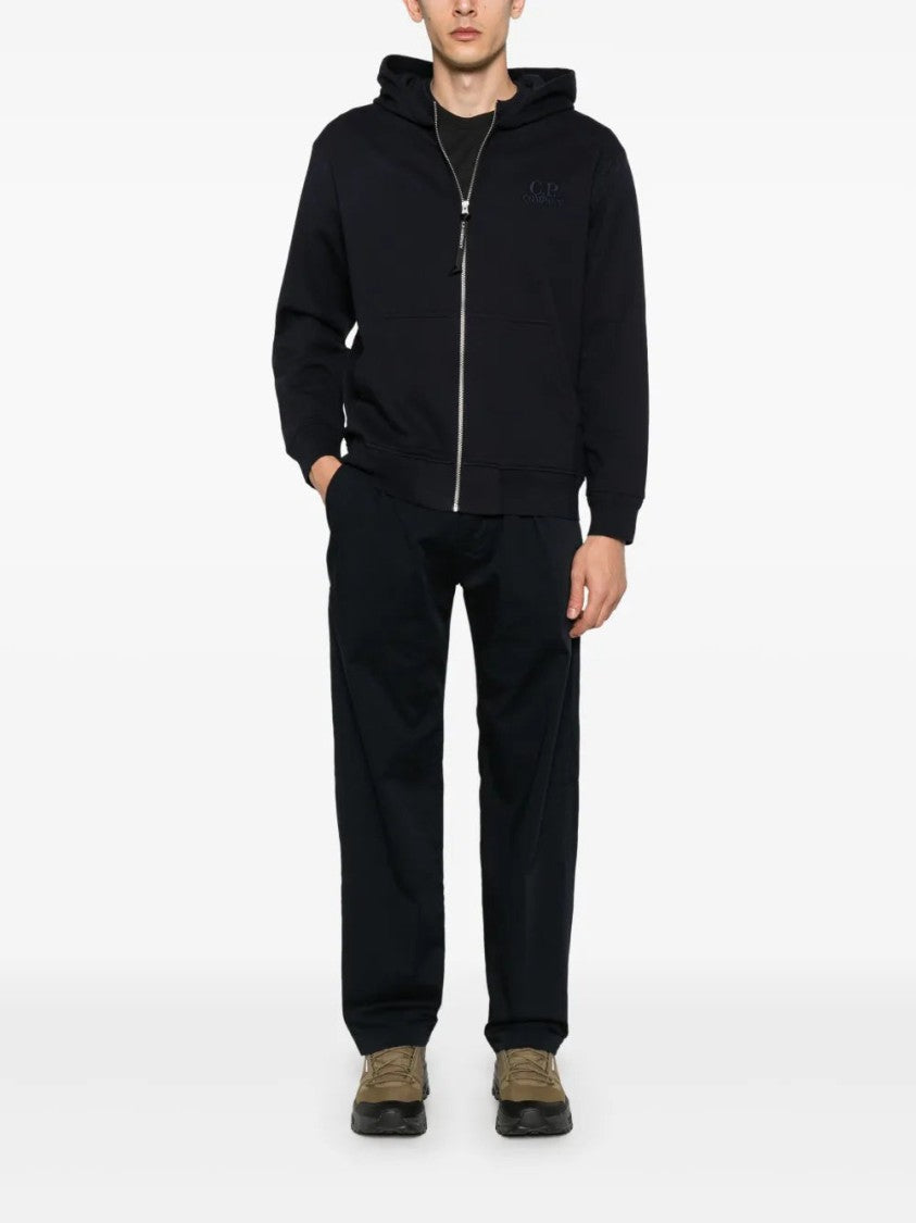 C.P. Company Navy Blue Zip-Up Hoodie With Drawstring Hood And Logo