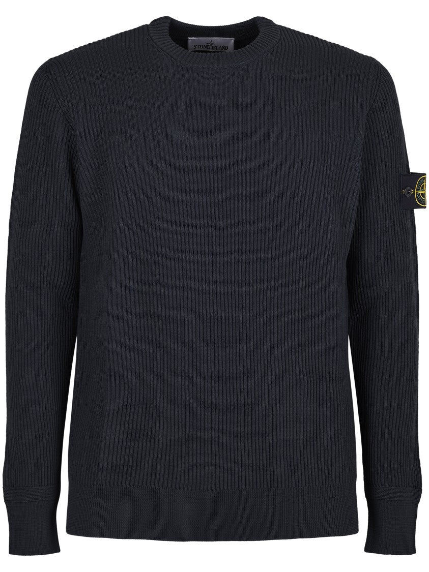 Stone Island Ribbed Black Sweater With Logo Patch