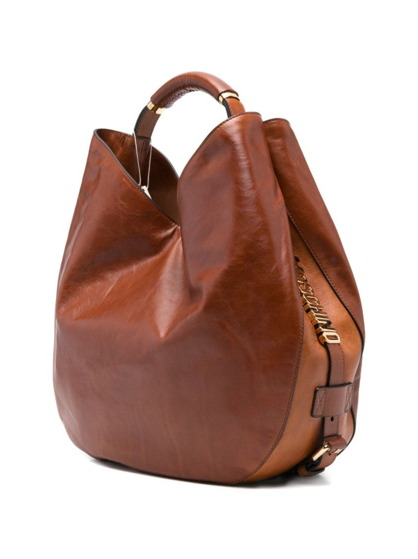 Moschino Brown Soft Structured Leather Silk Bag
