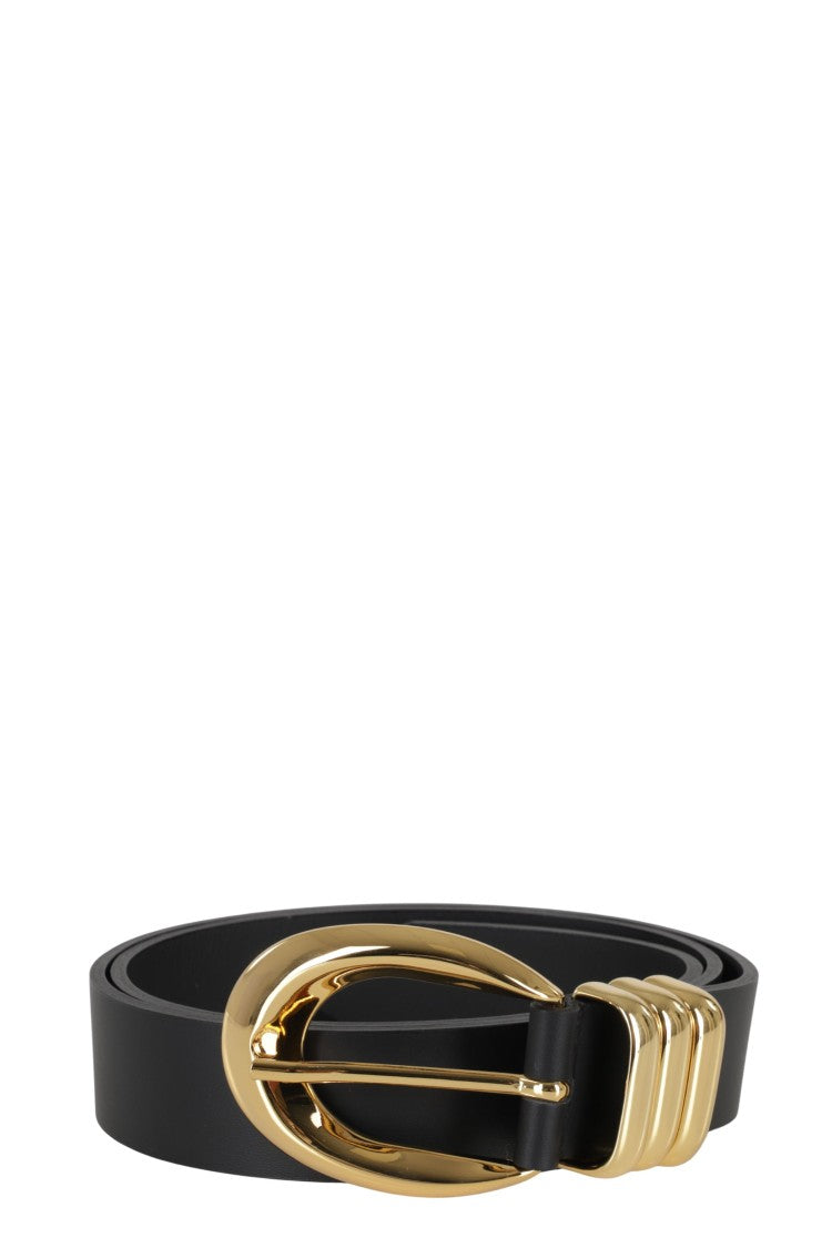 Federica Tosi Slim Black Leather Belt With Polished Gold Accents