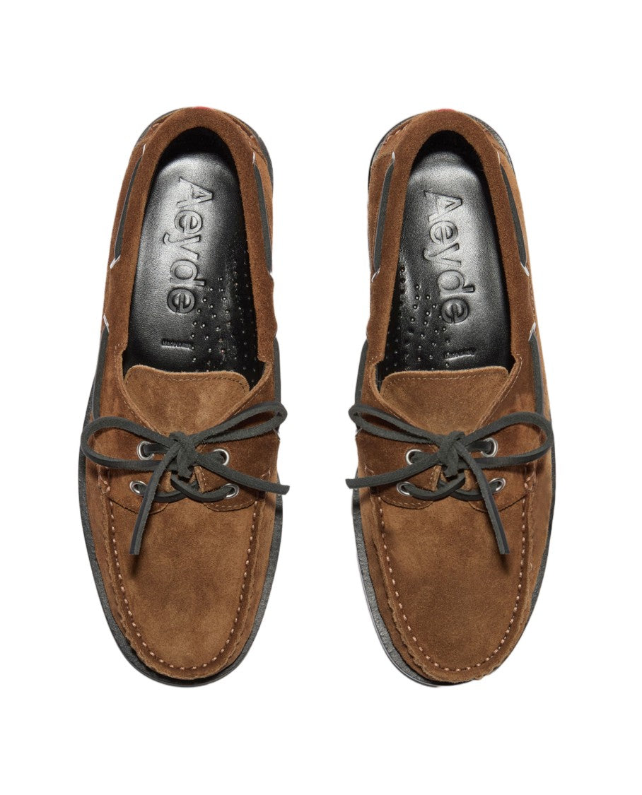 Aeydē Tobacco Cow Suede Leather Loafers With Metal Eyelets