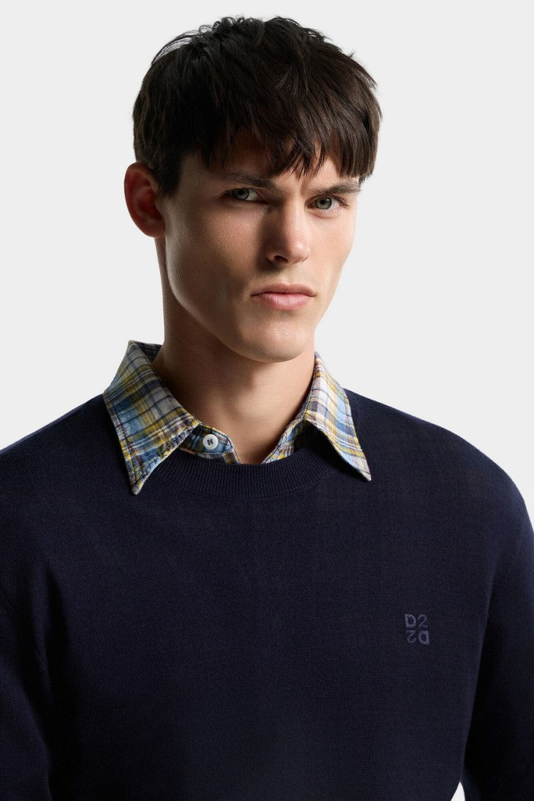 Dsquared2 Navy Crewneck Tonal D2 Logo Wool Sweater