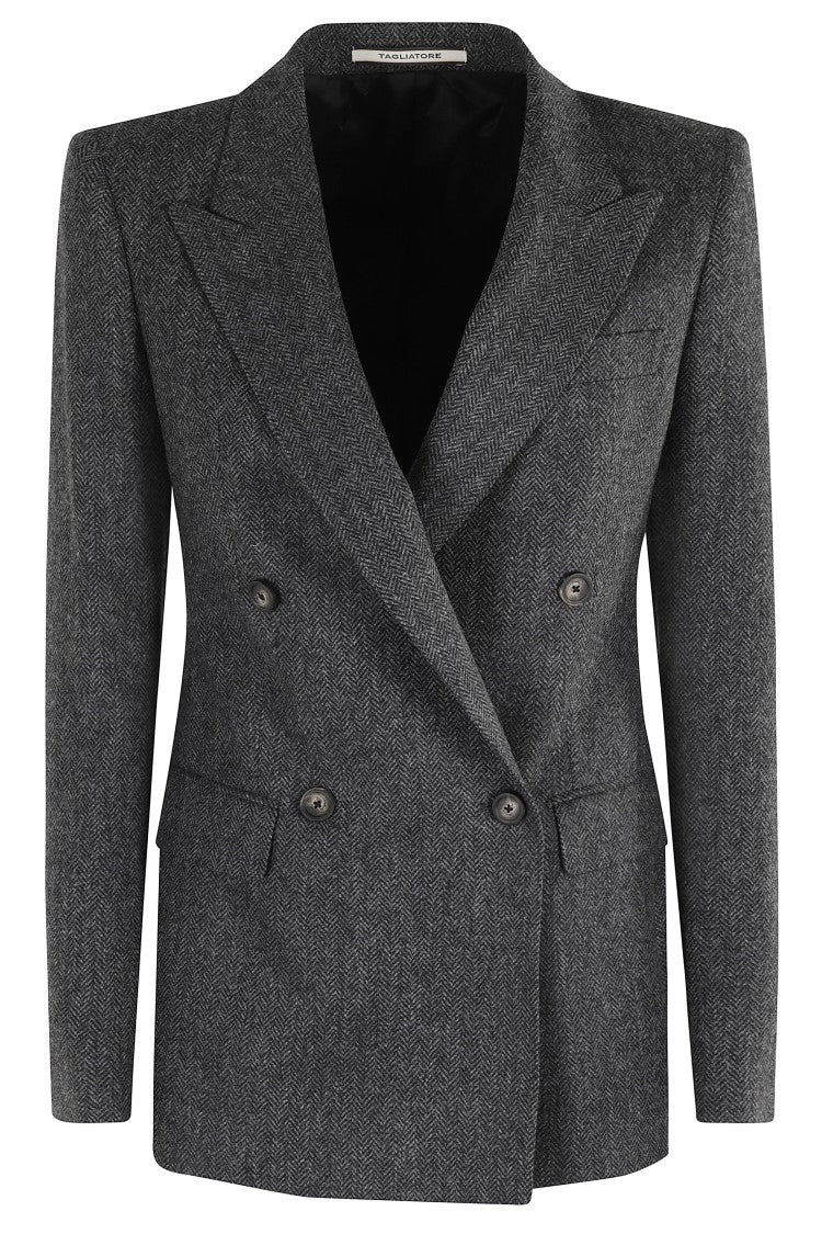 Tagliatore Double-Breasted Herringbone Blazer With Notched Lapel