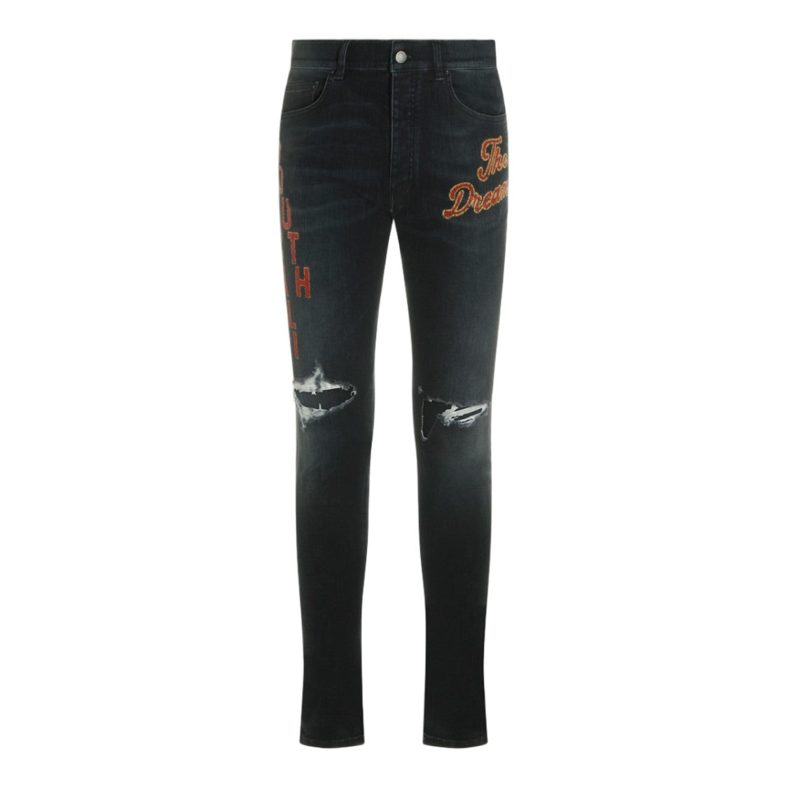 Amiri Dark Wash Slim-Fit Jeans With Distressed Knees And Embroidered Details