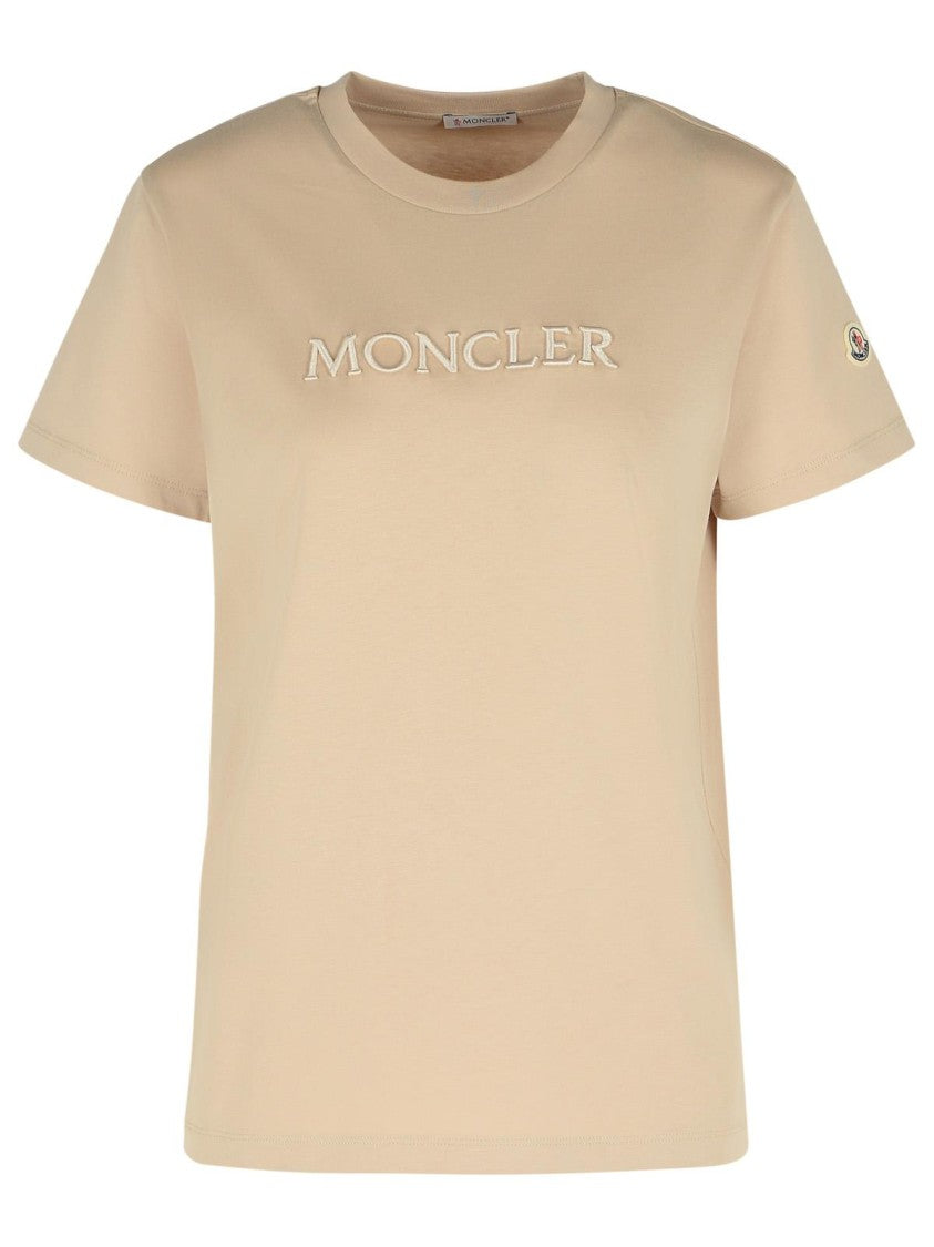Moncler Ribbed Neutrals Cotton T-Shirt With Embossed Logo Details