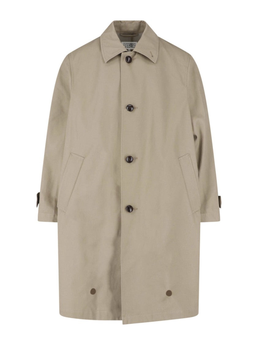 Mm6 By Maison Margiela Mid-Length Beige Jacket With Classic Collar And Button Details