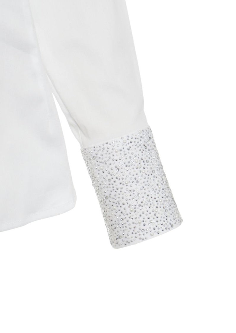 Himon's Fitted White Blouse With Rhinestone-Embellished Cuffs
