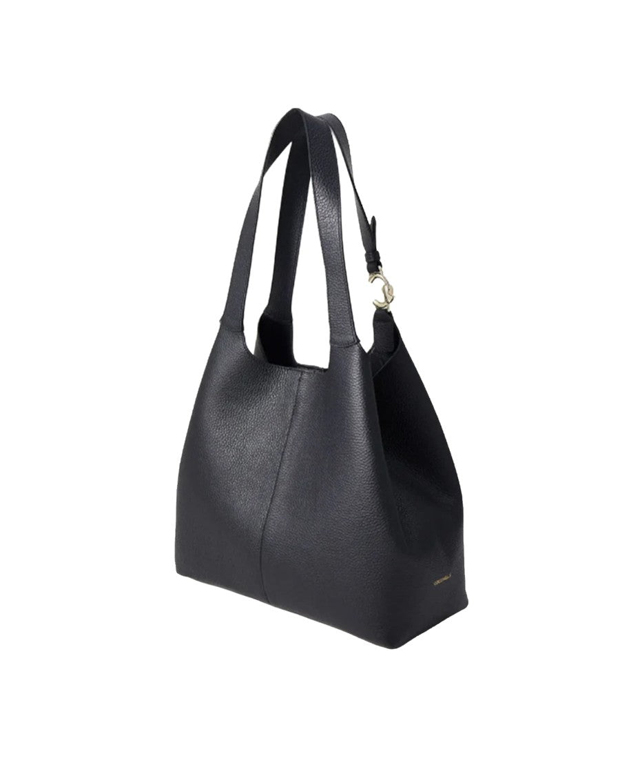 Coccinelle Curved Silhouette Black Leather Handbag With Metallic Logo