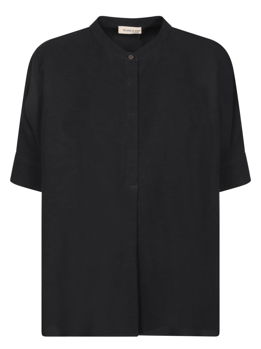 Blanca Vita Mandarin Collar Blouse With Short Sleeves And Button Closure