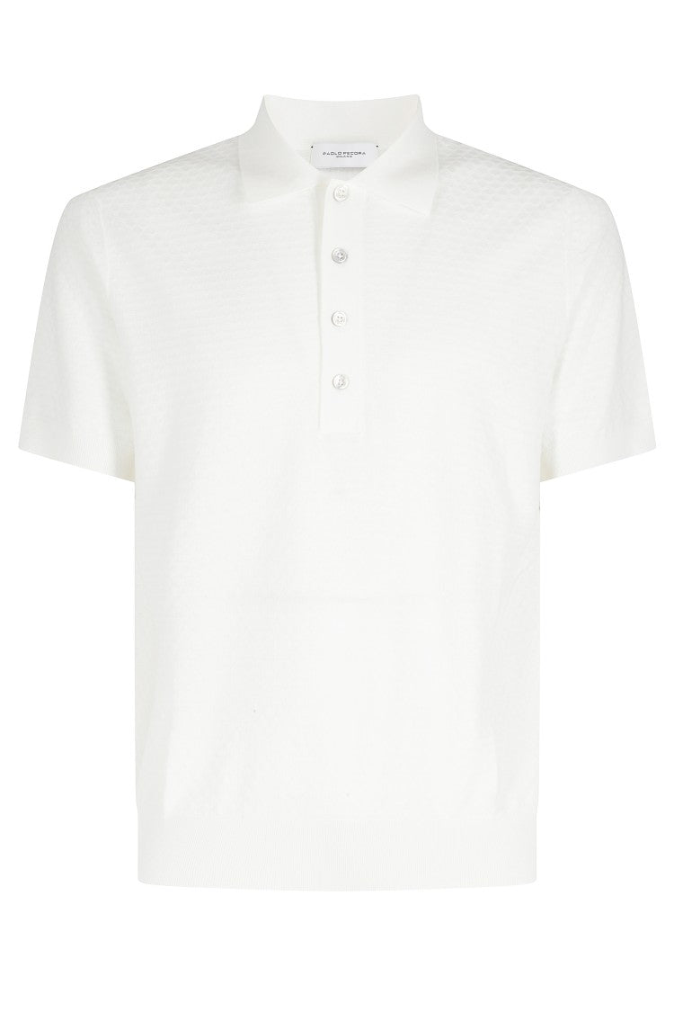 Paolo Pecora Cream Micro Jacquard Four-Buttons Cotton Polo Shirt