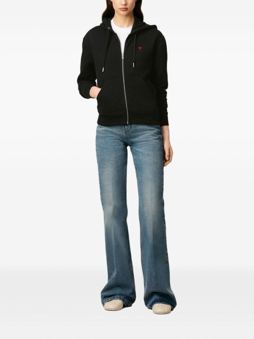 Ami Paris Zip-Up Hoodie With Drawstring Hood And Heart Embroidery