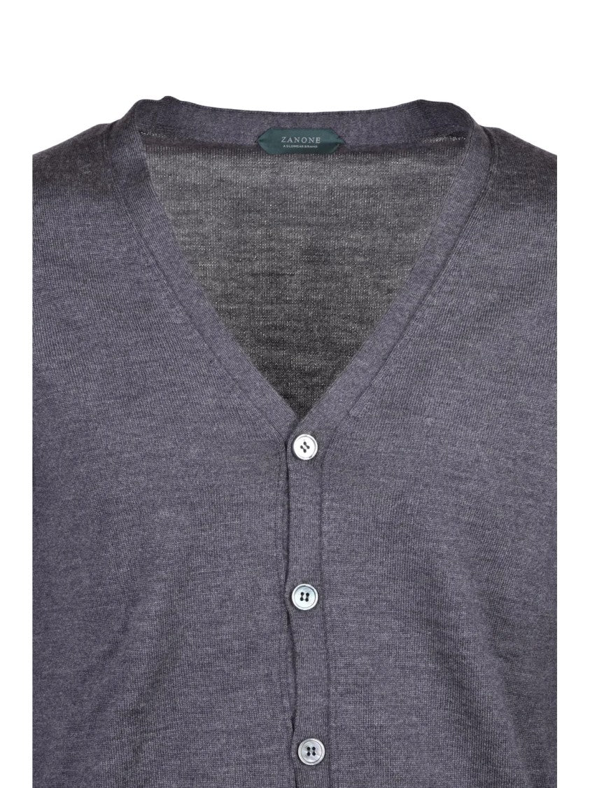 Zanone Grey V-Neck Button Front Virgin Wool Cardigan
