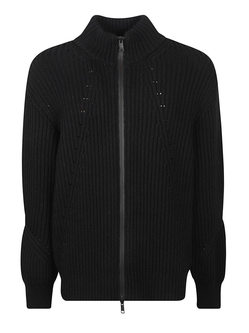 Zegna High Collar Zip Closure Black Sweater