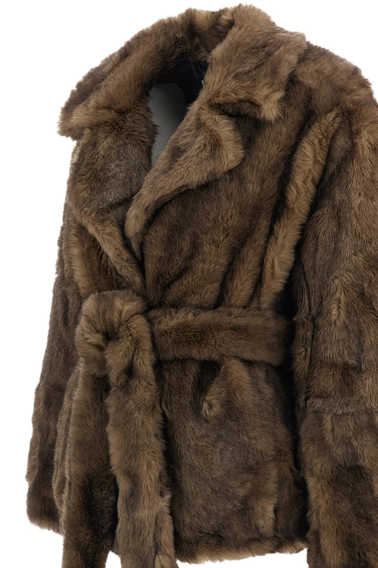 Stand Studio Beige Silena Robe-Style Soft Faux Fur Belted Jacket
