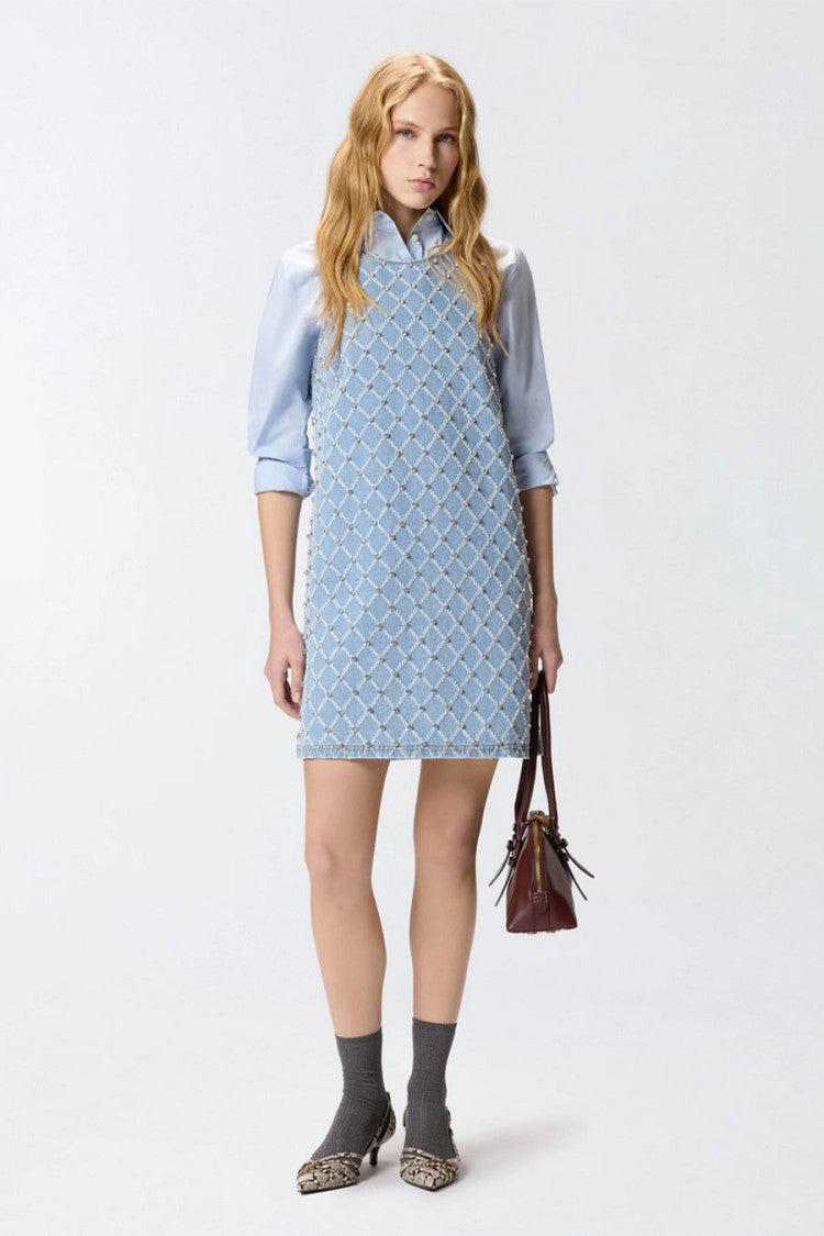 Pinko Light Blue Allover Bead Stud Diamond Lattice Cotton Mini Dress