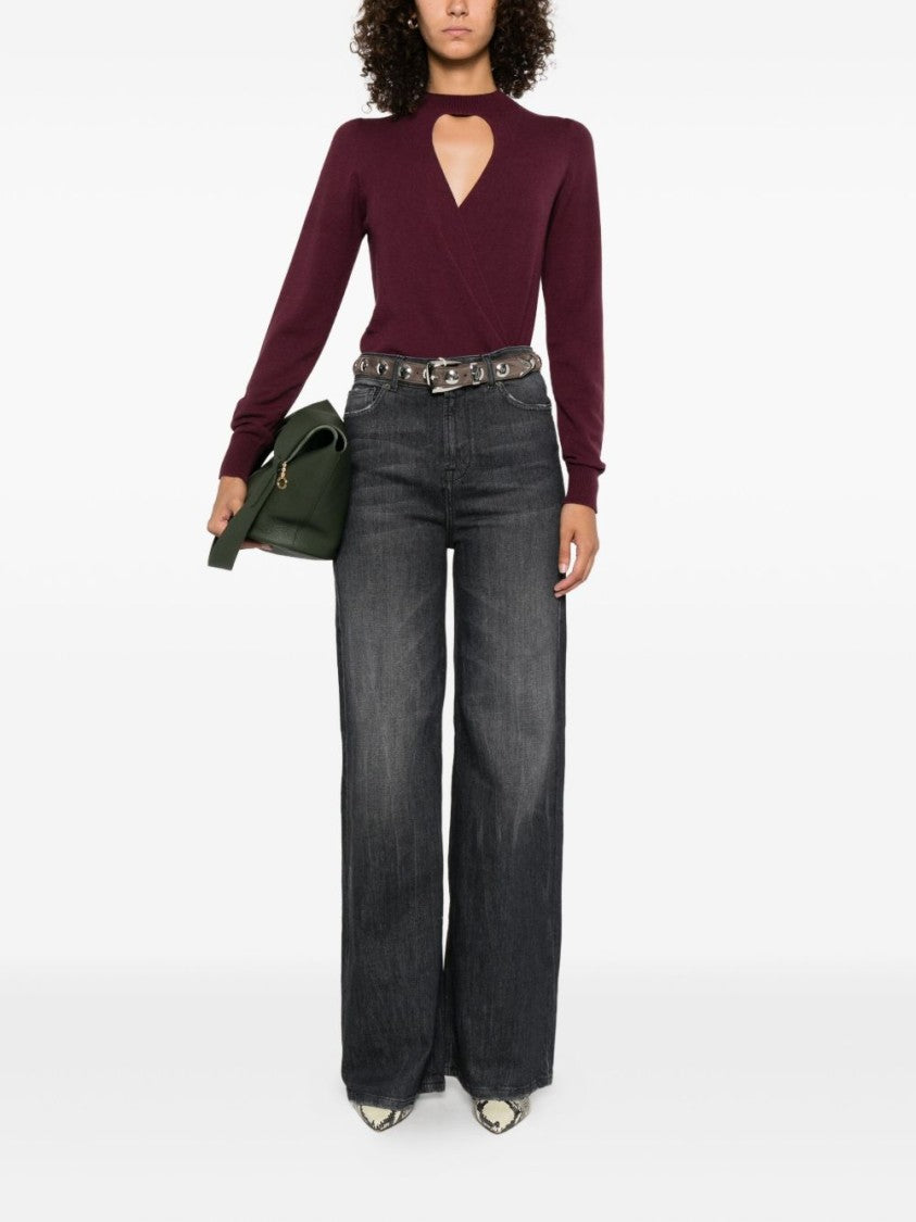 Twin-Set Burgundy Knit Sweater With Keyhole Neck And Ribbed Hem