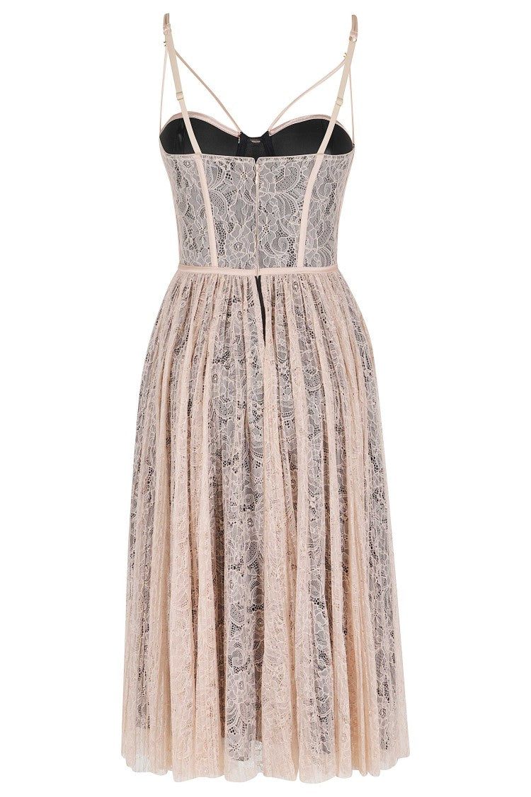 Elisabetta Franchi Neutrals Lace Midi Bustier Pleated Polyamide Midi Dress