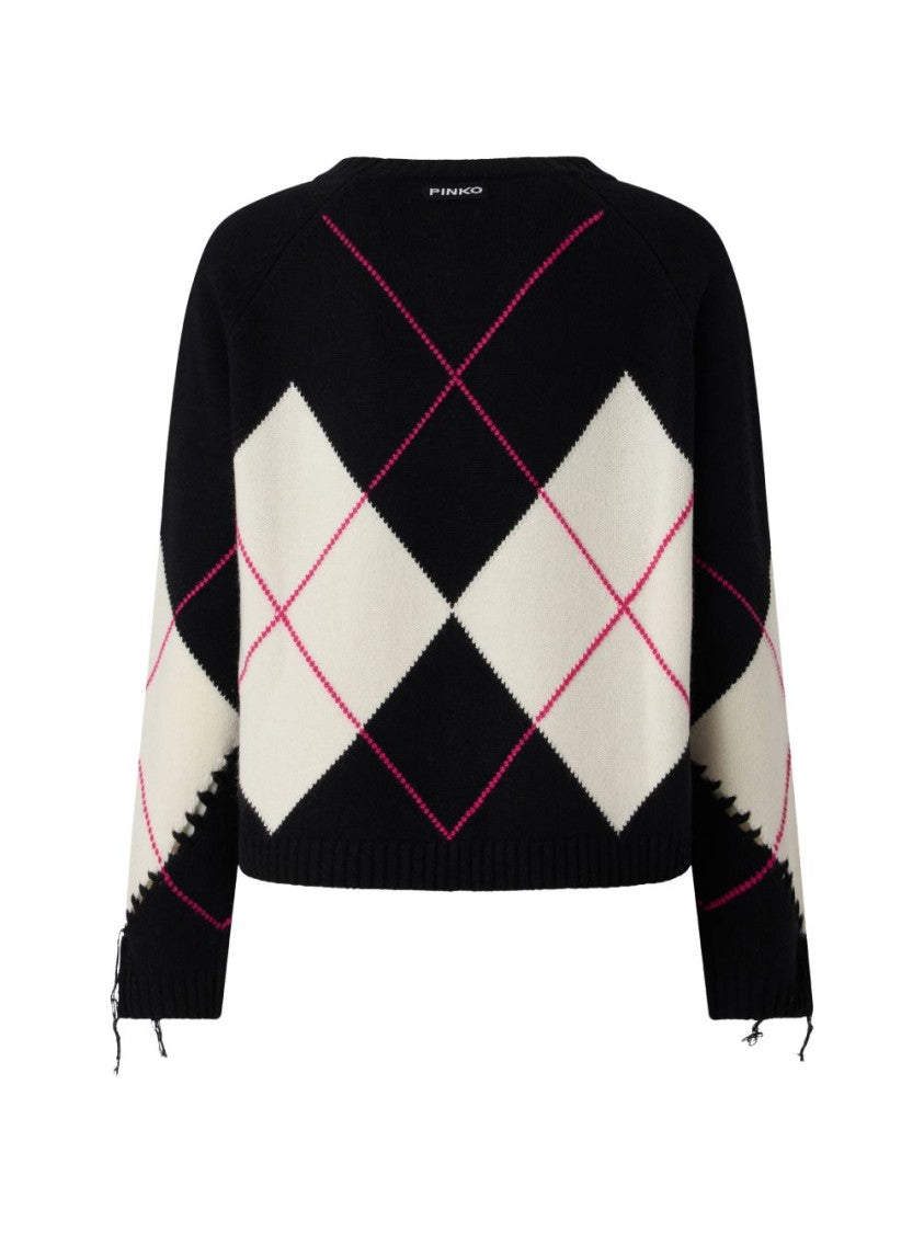 Pinko Cropped Argyle Distressed Edges Sweater