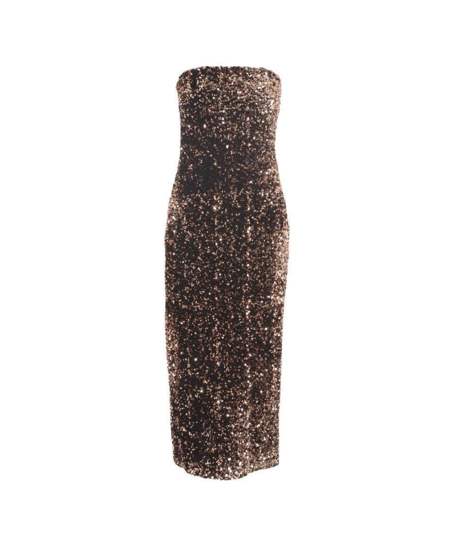 Gender Strapless Bronze Midi Dress With Sequin Embellishments