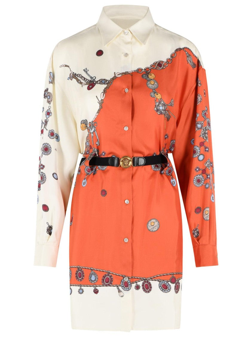 Versace Silk Mini Dress With Pointed Collar And Abstract Pattern